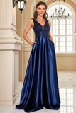 Sparkly Navy A Line V-Neck Long Satin Prom Dress with Beading