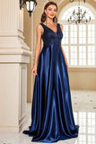 Sparkly Navy A Line V-Neck Long Satin Prom Dress with Beading
