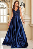 Sparkly Navy A Line V-Neck Long Satin Prom Dress with Beading