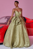 Gold Metallic Sweetheart A Line Maxi Prom Dress with Bow