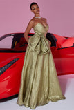 Gold Metallic Sweetheart A Line Maxi Prom Dress with Bow