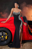 Black Mermaid Fringed Strapless Maxi Prom Dress with Slit