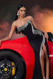 Black Mermaid Fringed Strapless Maxi Prom Dress with Slit