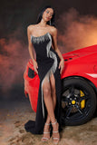 Black Mermaid Fringed Strapless Maxi Prom Dress with Slit
