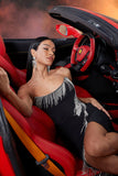 Black Mermaid Fringed Strapless Maxi Prom Dress with Slit