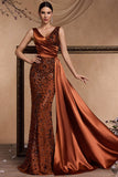 Sparkly Brown Mermaid V-Neck Maxi Floral Mother of the Bride Dress with Side Cape