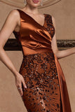 Sparkly Brown Mermaid V-Neck Maxi Floral Mother of the Bride Dress with Side Cape