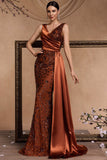 Sparkly Brown Mermaid V-Neck Maxi Floral Mother of the Bride Dress with Side Cape