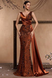 Sparkly Brown Mermaid V-Neck Maxi Floral Mother of the Bride Dress with Side Cape