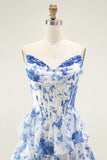 White Blue Floral Corset Strapless Tiered Long Prom Dress with Ruffles