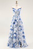 White Blue Floral Corset Tiered Long Ruffled Prom Dress with Slit