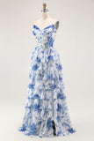 White Blue Floral Corset Tiered Long Ruffled Prom Dress with Slit