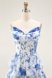 White Blue Floral Corset Tiered Long Ruffled Prom Dress with Slit