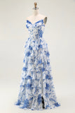 White Blue Floral Corset Strapless Tiered Long Prom Dress with Ruffles