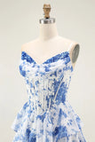 White Blue Floral Corset Strapless Tiered Long Prom Dress with Ruffles