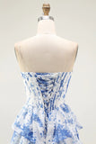 White Blue Floral Corset Strapless Tiered Long Prom Dress with Ruffles