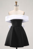 Black Off the Shoulder A Line Short Cocktail Dress with Bow