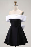 Black Off the Shoulder A Line Short Cocktail Dress with Bow