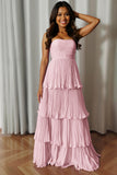 Dusty Blue Strapless Tiered Long Wedding Guest Dress