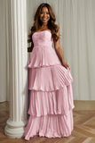 Dusty Blue Strapless Tiered Long Wedding Guest Dress