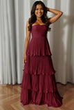 Dusty Blue Strapless Tiered Long Wedding Guest Dress