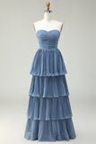 Dusty Blue Strapless Tiered Long Wedding Guest Dress