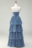 Dusty Blue Strapless Tiered Long Wedding Guest Dress