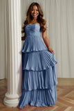 Dusty Blue Strapless Tiered Long Wedding Guest Dress