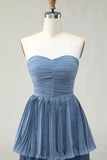Dusty Blue Strapless Tiered Long Wedding Guest Dress