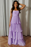 Dusty Blue Strapless Tiered Long Wedding Guest Dress