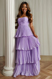 Dusty Blue Strapless Tiered Long Wedding Guest Dress