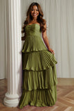 Dusty Blue Strapless Tiered Long Wedding Guest Dress