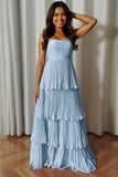 Dusty Blue Strapless Tiered Long Wedding Guest Dress