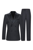 Dark Grey 2 Piece Peak Lapel Double Breasted Striped Men's Business Suits