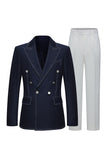 Dark Blue Double Breasted Peak Lapel 2 Piece Men's Suits