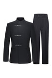Black Slim Fit Men's 2 Piece Mandarin Collar Suit with Knots