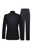 2 Piece Black Single Breasted Slim Fit Men's Mandarin Collar Suit