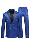 Jacquard Peak Lapel 2 Piece Blue Double Breasted Men's Prom Suits