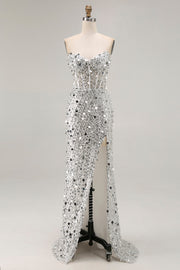 Sparkly Silver Sequin Mermaid Maxi Corset Prom Dress with Slit