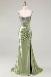 Sparkly Green Mermaid Corset Maxi Prom Dress with Slit