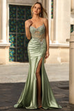 Sparkly Green Corset Mermaid Maxi Prom Dress with Slit