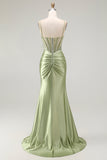 Sparkly Green Mermaid Corset Maxi Prom Dress with Slit