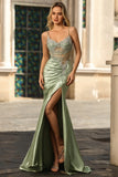 Sparkly Green Corset Mermaid Maxi Prom Dress with Slit