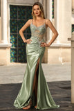 Sparkly Green Corset Mermaid Maxi Prom Dress with Slit