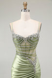 Sparkly Green Mermaid Corset Maxi Prom Dress with Slit
