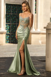 Sparkly Green Corset Mermaid Maxi Prom Dress with Slit