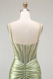 Sparkly Green Mermaid Corset Maxi Prom Dress with Slit