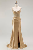 Sparkly Gold Satin Mermaid Maxi Corset Prom Dress with Slit