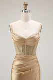 Sparkly Gold Satin Mermaid Maxi Corset Prom Dress with Slit