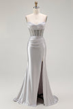 Sparkly Gold Satin Mermaid Maxi Corset Prom Dress with Slit